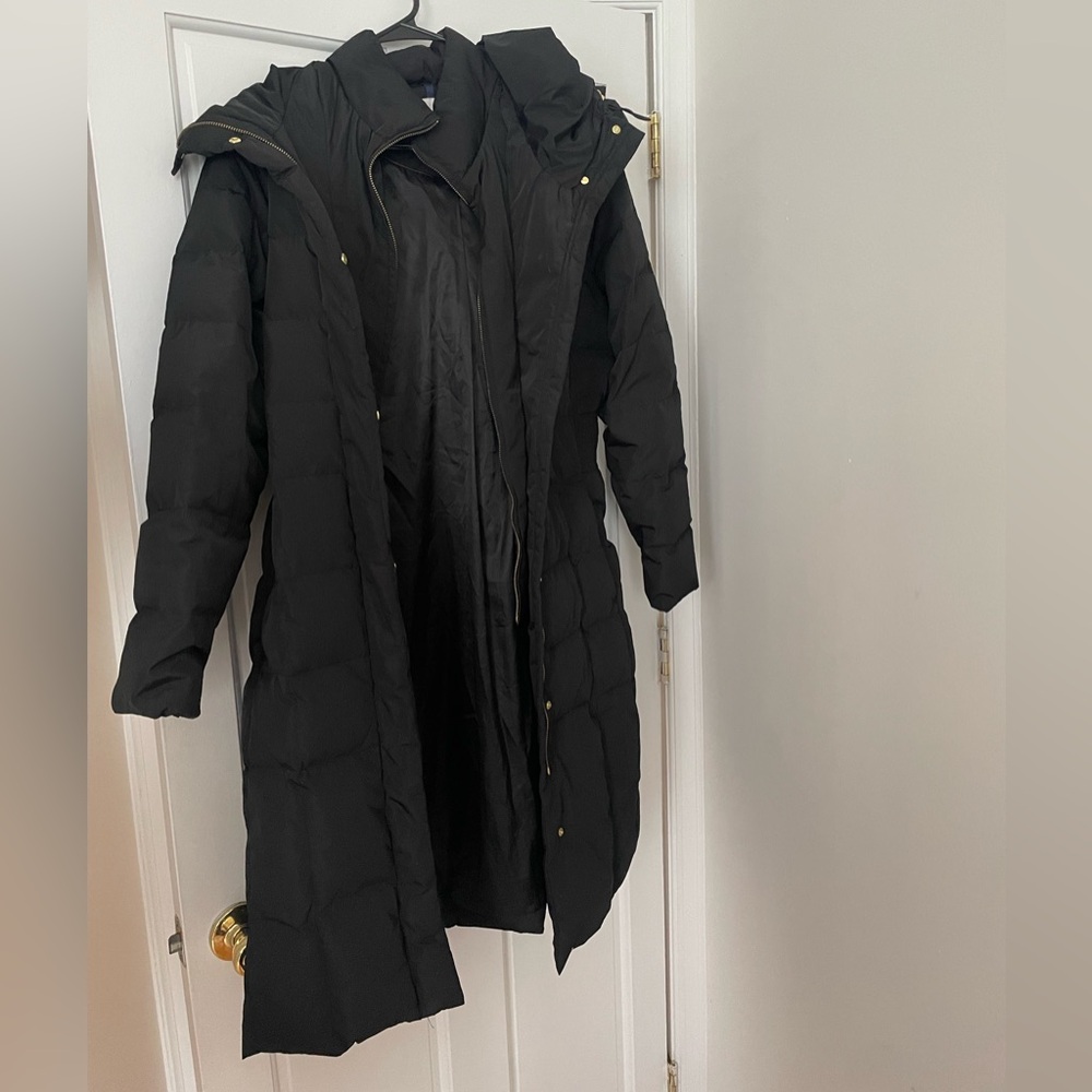 Cole Haan Women's Black Knee Length Hooded Quilted Down Coat - XL